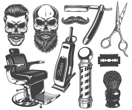 Set of vintage monochrome barber tools and elements.
