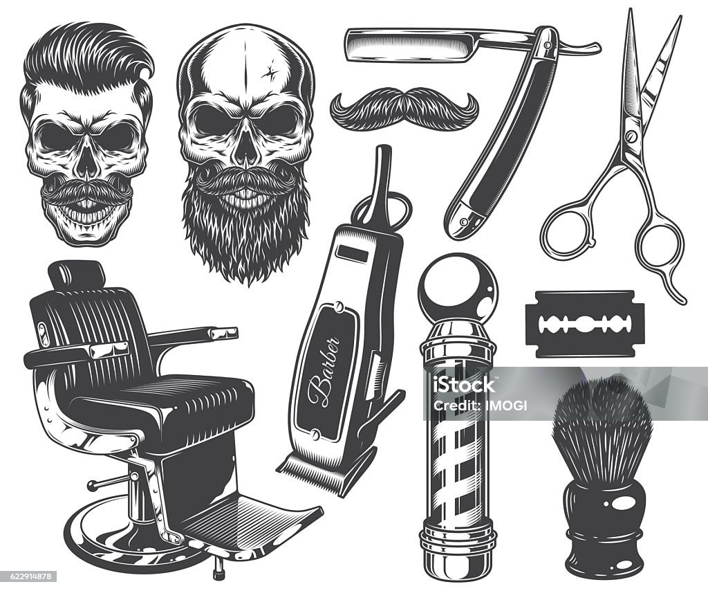 Set of vintage monochrome barber tools and elements. Set of vintage monochrome barber tools and elements. Isolated on white Barber Shop stock vector