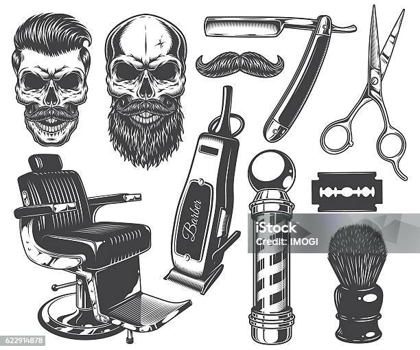 Set Of Vintage Monochrome Barber Tools And Elements Stock Illustration - Download Image Now