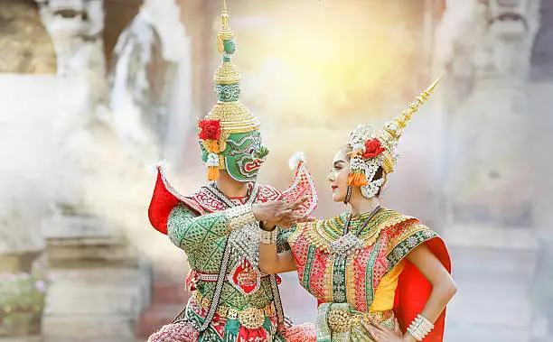 Tosakan (Ravana) and Mandodari , Thai classical mask dance of the Ramayana Epic