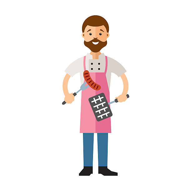 Vector Chef Barbecue. Flat style colorful Cartoon illustration. Cook prepares food on a grill. Isolated on a white background man grilling white background stock illustrations