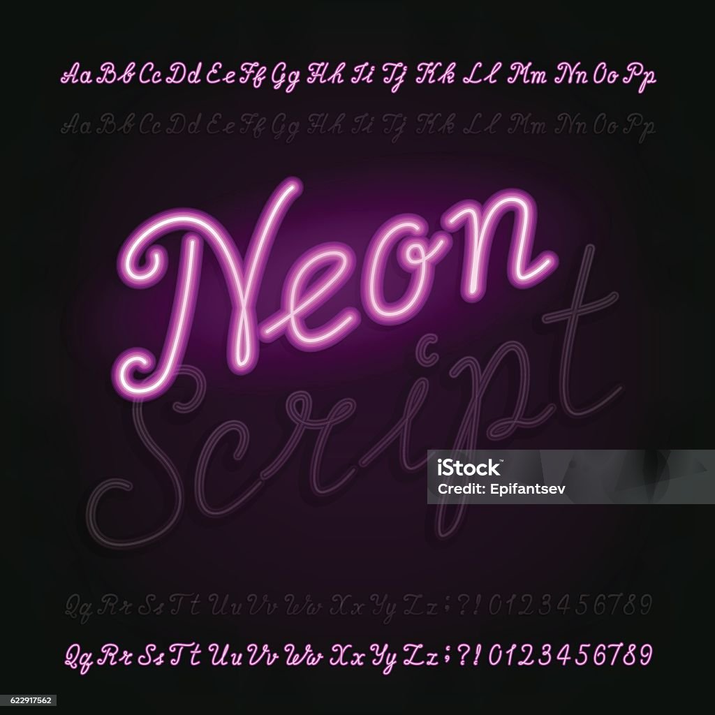 Neon script alphabet font. Light turn on and off. Neon script hand drawn alphabet font. Light turn on and off. Purple neon type letters and numbers on a dark background. Vector typeface for labels, titles, posters etc. Neon Lighting stock vector