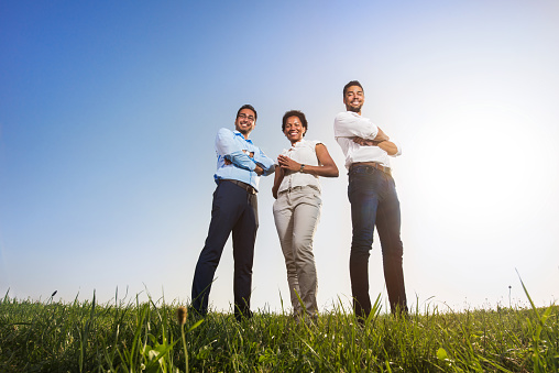 Below view of happy business people standing in a meadow with crossed arms and looking at the camera. Copy space.