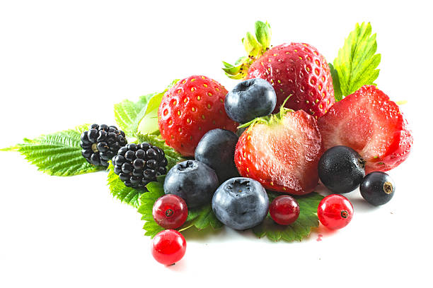 白い背景に分離新鮮な果実のミックス - raspberry berry fruit gourmet isolated ストックフォトと画像