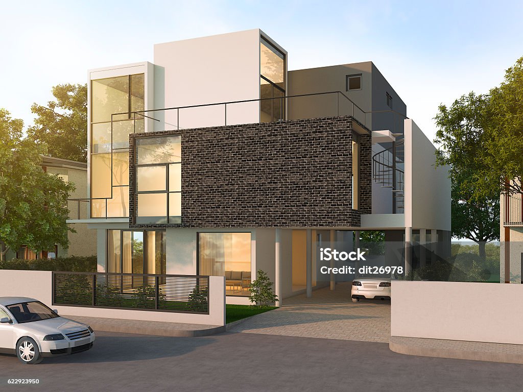 3d rendering beautiful modern design black brick house 3d rendering by 3dsmax House Stock Photo