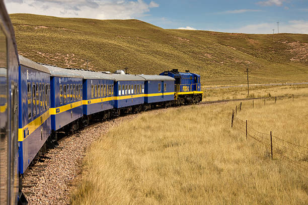 Puno, Peru - April 23, 2008: Train across the Altiplano heading to Puno and Lake Titicaca. Peru in South America. At its highest point, La Raya Pass, at an altitude of 4,313 m (14,150 ft), the train makes a stop. There is an good view over all the plains to the snowcapped mountains, and a beautiful old chapel, standing all alone in the middle of the Andean plateau. 