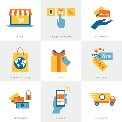 E-commerce, shopping and delivery concepts, business icons set