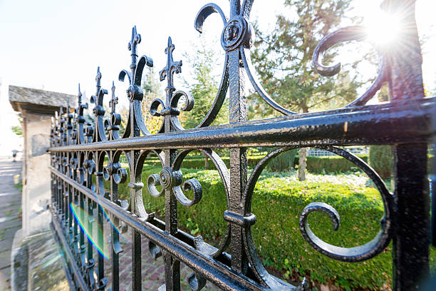 istock Metal fence and bush, green hedge 622926268
