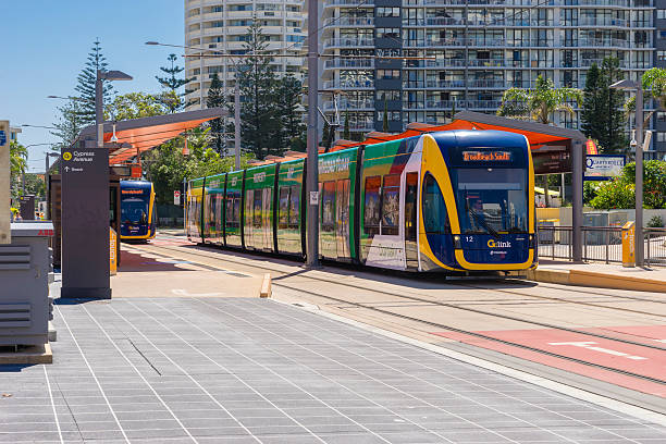 Trams at light rail station in Gold Coast, Australia stock photo