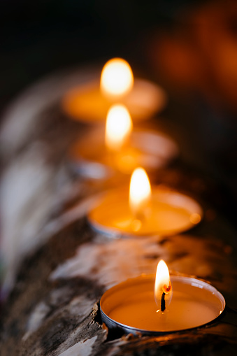 Four candle flames burning on a yule log, ultra shallow depth of field