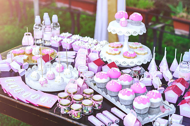 dessert table at kids birthday party. cake, candies, marshmallow - flavored ice variation birthday candy imagens e fotografias de stock