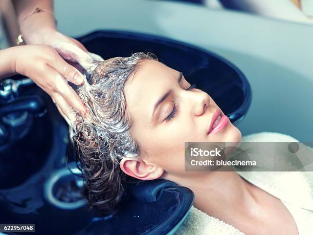Washing Hair In Hair Salon Stock Photo - Download Image Now - Hair Salon, Moisturizer, Washing Hair