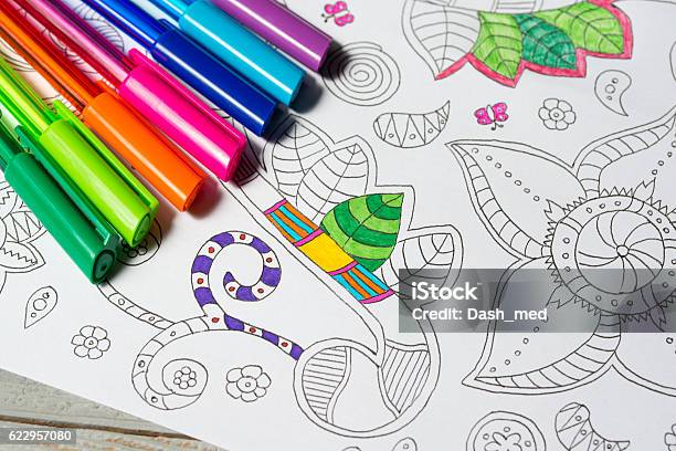 Coloring Book For Adults With Abstract Patterns And Colored Pens Stock  Photo - Download Image Now - iStock