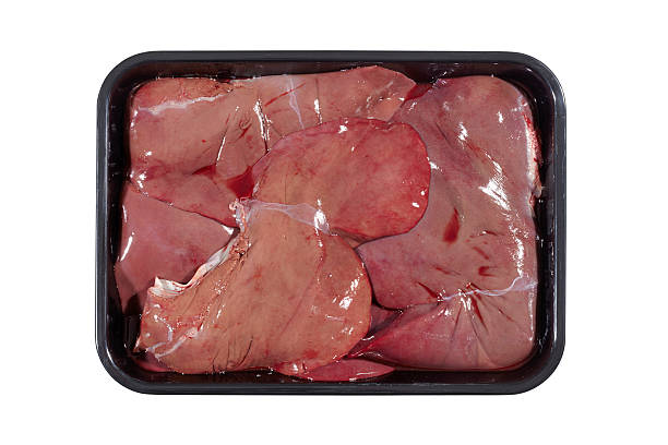 istock Plastic tray with liver isolated on white background. Top view 622957710