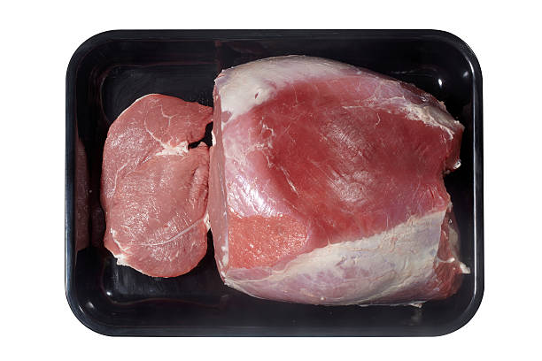 istock Supermarket plastic tray with veal isolated on white background 622961160