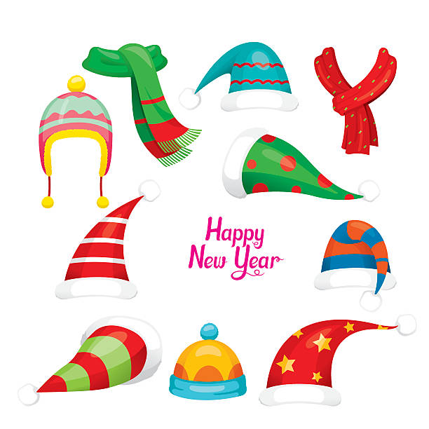 weihnachtsmann red hat set, weihnachtskleidung elemente, neujahr - scarf stock-grafiken, -clipart, -cartoons und -symbole