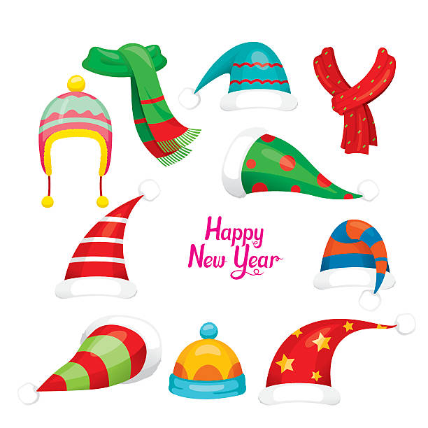 ilustrações, clipart, desenhos animados e ícones de conjunto de chapéu vermelho do papai noel, elementos de roupas de natal, ano novo - scarf