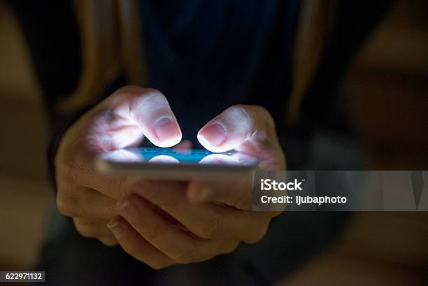 Female Using Her Mobile Phone Outside At Night Stock Photo - Download Image Now - Telephone, Text Messaging, Dark