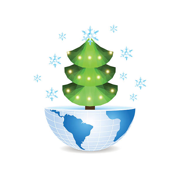 illustrazioni stock, clip art, cartoni animati e icone di tendenza di metà del mondo con un albero di natale all'interno - christmas australia asia globe