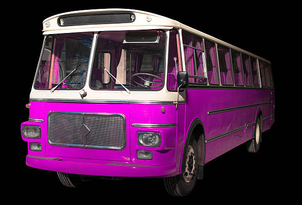 istock Old retro pink bus. Isolated on black background. 622971876