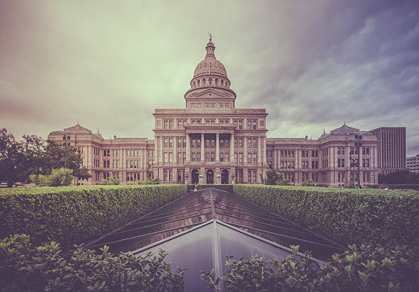 Detail of the dome of the Texas State Capitol building in Austin with renovation underway with scaffolding
