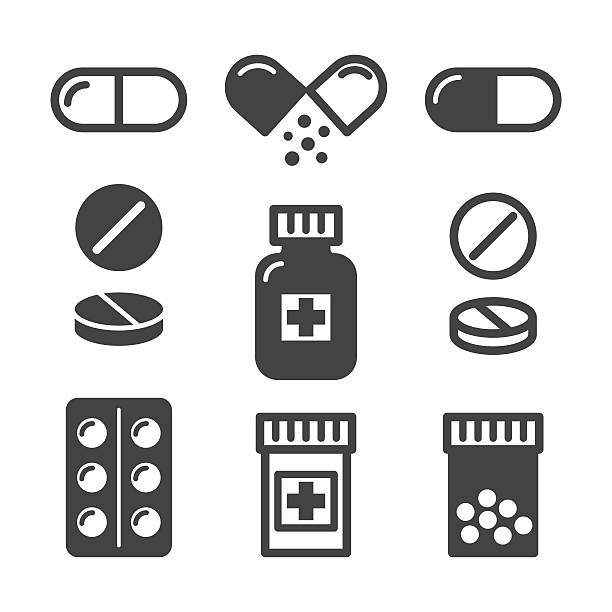 lékařské pilulky a ikony lahví nastaveny - lékařství stock ilustrace
