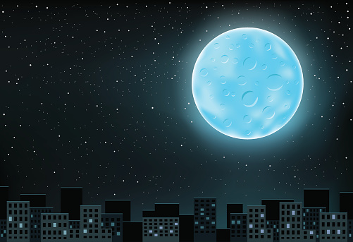 The large blue shining moon over night city on stars background