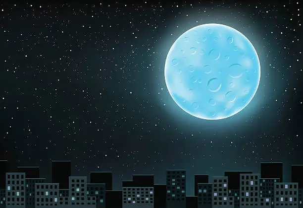 Vector illustration of blue moon over city
