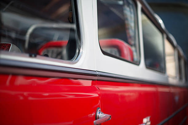istock Part of red retro bus with passenger seats. 622973614