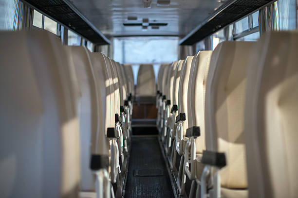 istock Empty interior of the bus at morning. 622973752