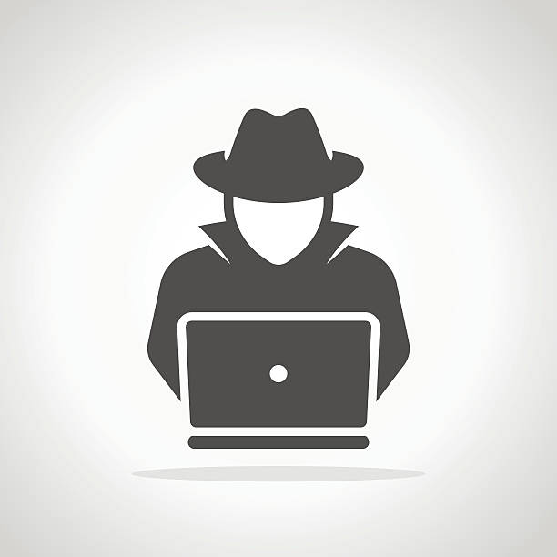 ilustraciones, imágenes clip art, dibujos animados e iconos de stock de agente espía buscando en la computadora portátil. hacker - silhouette security staff spy security