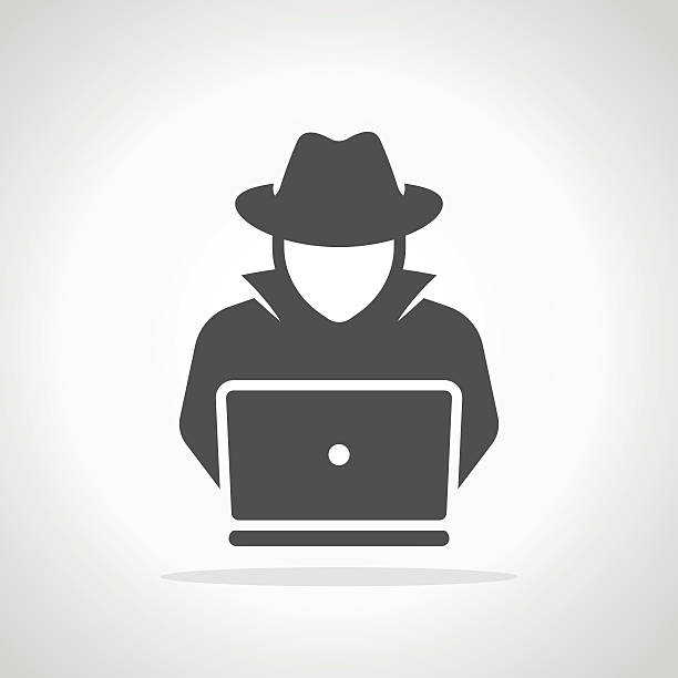 ilustrações, clipart, desenhos animados e ícones de agente espião procurando no laptop. hacker - privacy thief security stealing