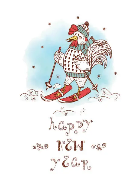Vector illustration of Winter. Skier Rooster. Happy New Year card. Chinese New Year