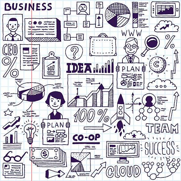 ilustrações de stock, clip art, desenhos animados e ícones de funny doodle business set. vector hand drawn illustration. school notebook. - infographic success business meeting
