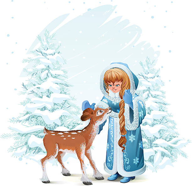 снегурочка в синей шубе и оленя - snow maiden stock illustrations