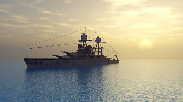 American battleship of World War II Computer generated 3D illustration with an American battleship of World War II at sunset us navy stock pictures, royalty-free photos & images