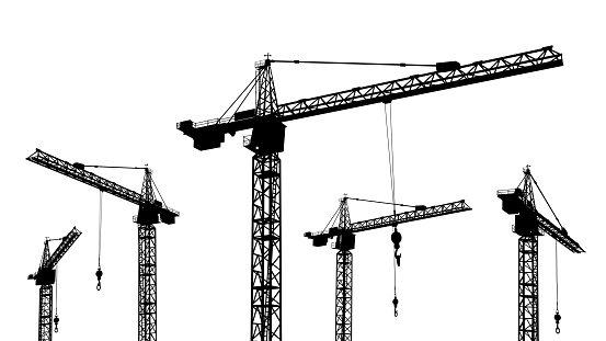 Computer generated 2D illustration with the silhouette of construction cranes 