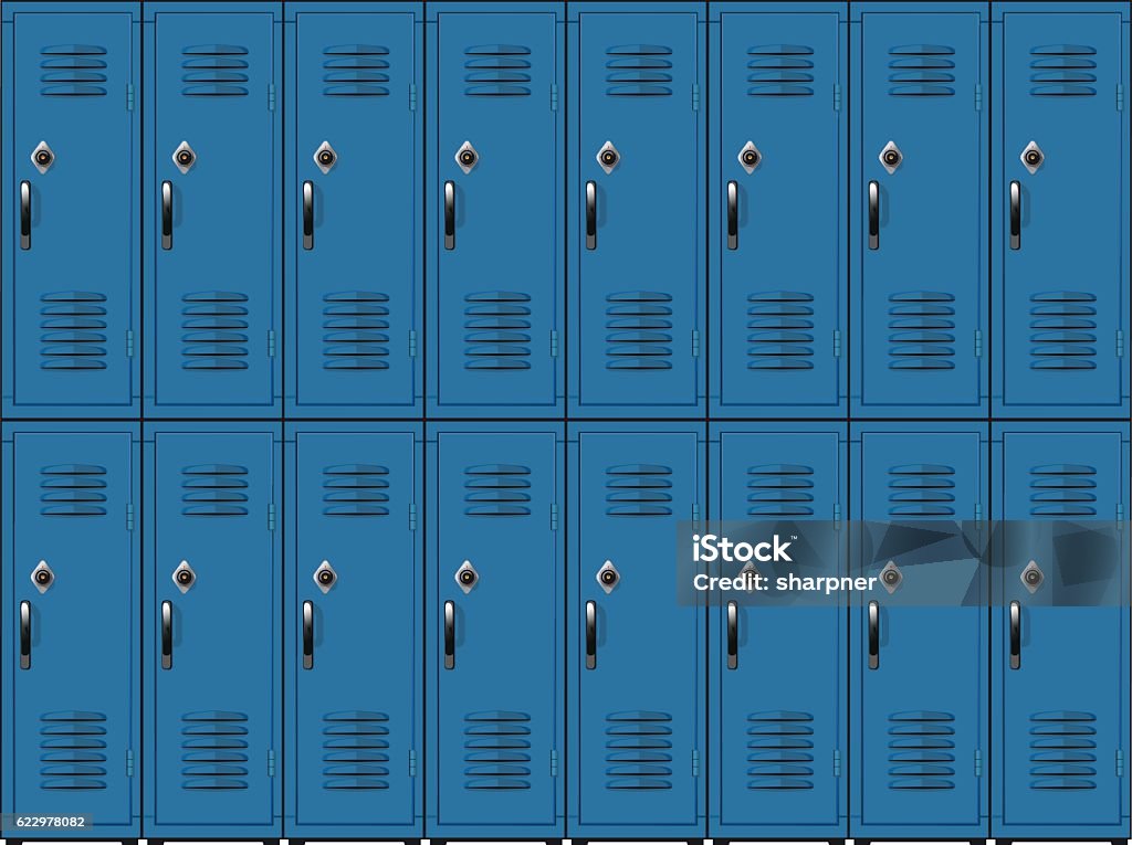 School lockers two row Blue metal cabinets school or gym with black handles and locks  in two row Locker stock vector