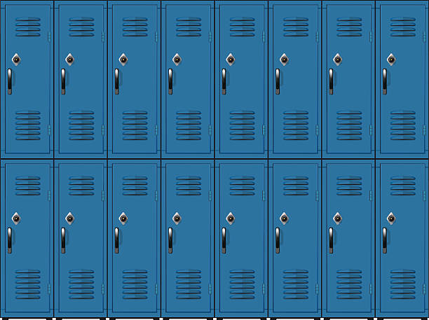 School lockers two row Blue metal cabinets school or gym with black handles and locks  in two row locker stock illustrations