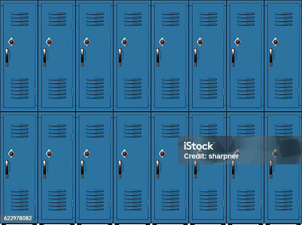 School Lockers Two Row Stock Illustration - Download Image Now - Locker, Education, Blue