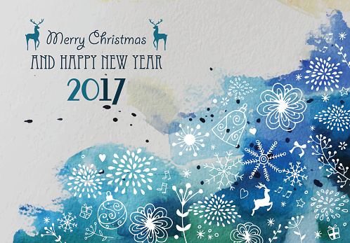 Christmas and New Year greeting card with hand drawn elements.