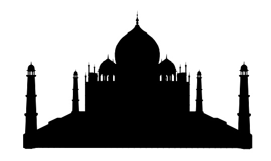 Computer generated 2D illustration with the silhouette of the Taj Mahal in India