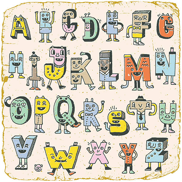 illustrations, cliparts, dessins animés et icônes de caractères de l’alphabet abc vintage. wacky doodle letters design color set. - message écrit et lettre de lalphabet illustrations