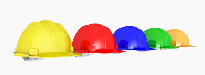 Computer generated 3D illustration with hard hats isolated on white background