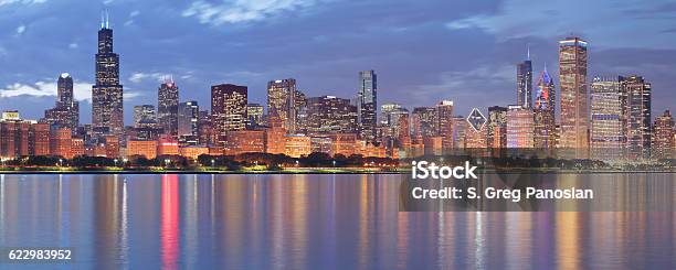 Chicago Skyline Panorama At Night Stock Photo - Download Image Now - Chicago - Illinois, Urban Skyline, Illinois