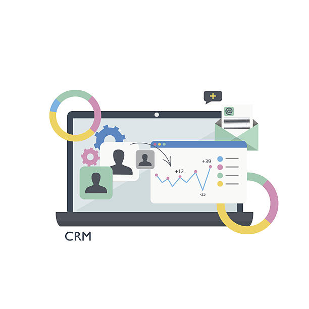 ilustraciones, imágenes clip art, dibujos animados e iconos de stock de crm. gestión de la relación con el cliente. portátil, tablas y gráficos - gestión de relaciones con el cliente
