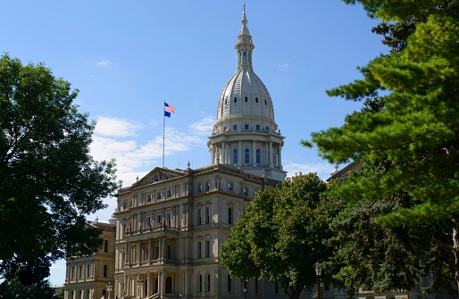 The beautiful dome of the Capitol Building in downtown Lansing, the capital of the state of Michigan.