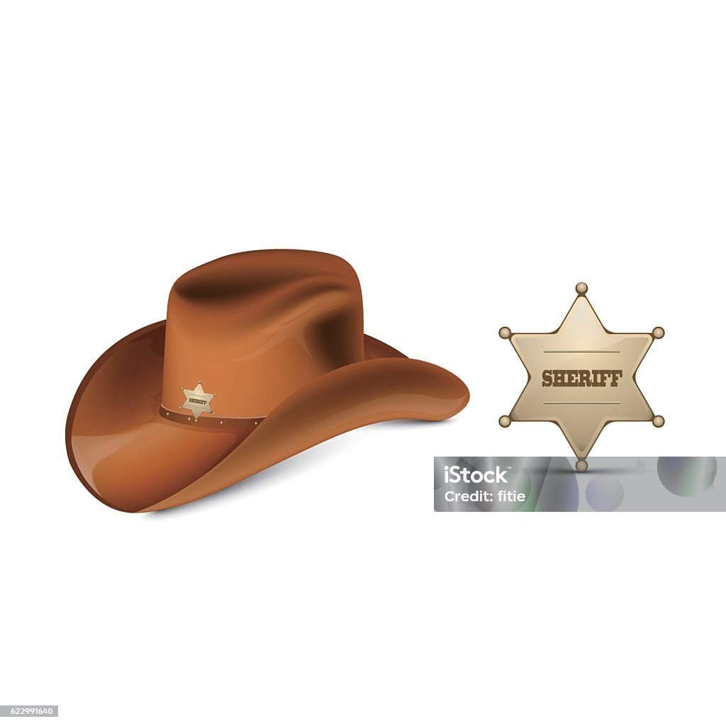 Cowboy's leather hat stetson and Sheriff's metallic badge Fully editable in Adobe Illustrator,(Eps 10  and Ai cc file included.)  Country and Western Music stock vector