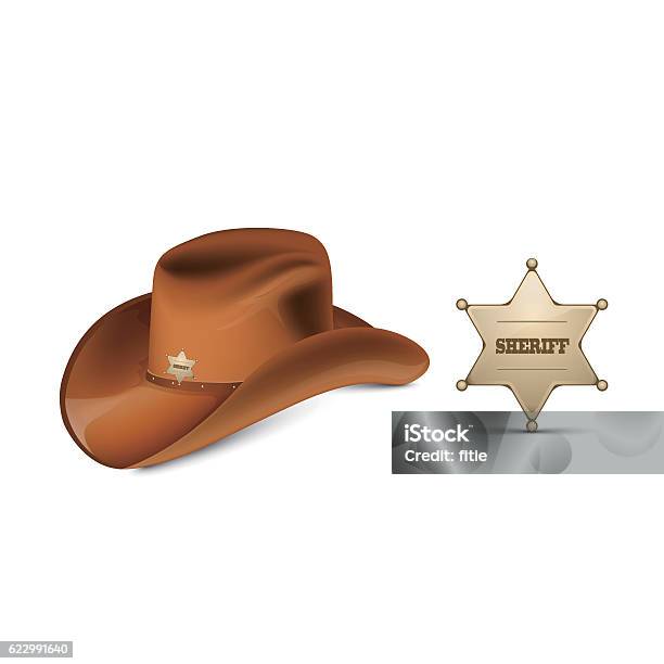 Cowboys Leather Hat Stetson And Sheriffs Metallic Badge Stock Illustration - Download Image Now