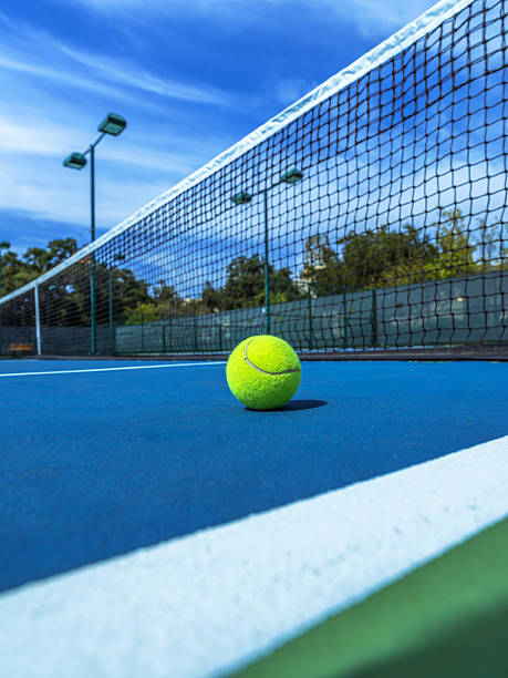 Tennis Ball - Blue Court - Black Net - fotografia de stock